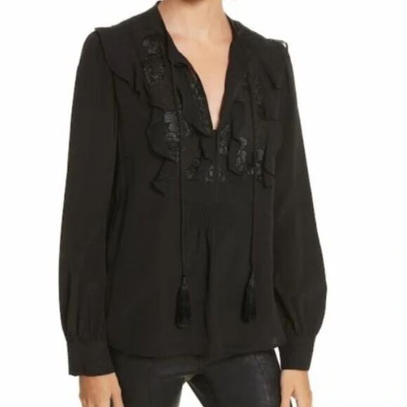 A.L.C. Tops - ALC Neutral Black Silk Ruffle Embroidered Flower Long Sleeve Blyth Blouse Top 8